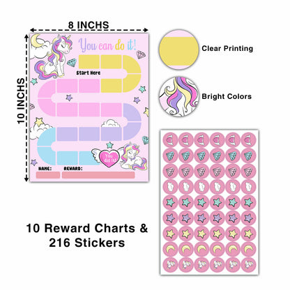 10 Unicorn Reward Chart with 216 Round Stickers, Incentive Behavior Chart for Kids at Home Classroom, Kids Routine Daily Chore Sticker Chart-A21