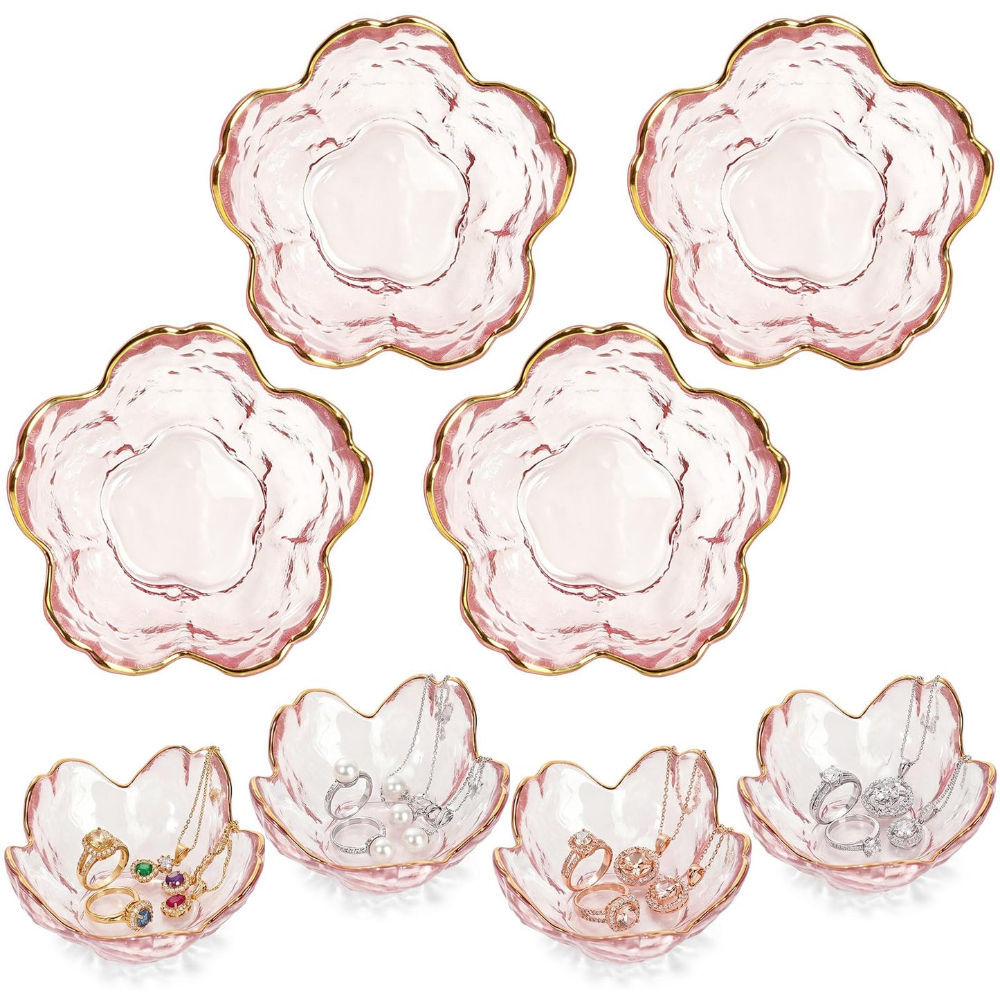 LOYIM 4 Pack Glass Jewelry Dish Small Flower Ring Holder Trinket Tray for Earrings Key Vanity Decor for Women Wedding Gift