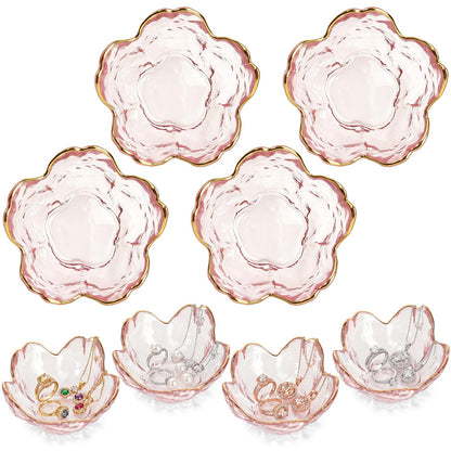 LOYIM 4 Pack Glass Jewelry Dish Small Flower Ring Holder Trinket Tray for Earrings Key Vanity Decor for Women Wedding Gift
