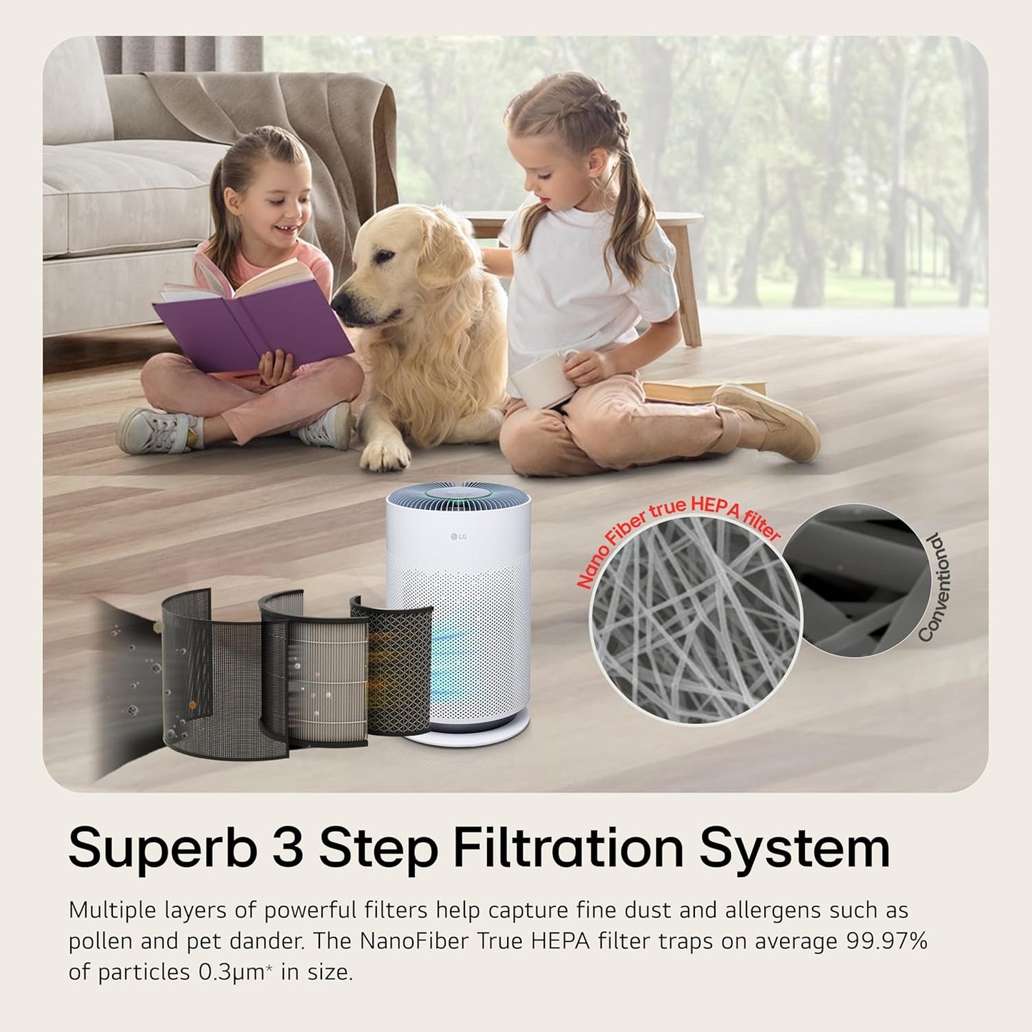 LG PuriCare 360 Air Purifiers for Home, Large and Small Room, Bedroom, Up to 2,059 ft² in 1 Hr with NanoFiber True HEPA Filter, 360 Degrees of Filtration, WiFi, Air Quality Monitor, Low Noise