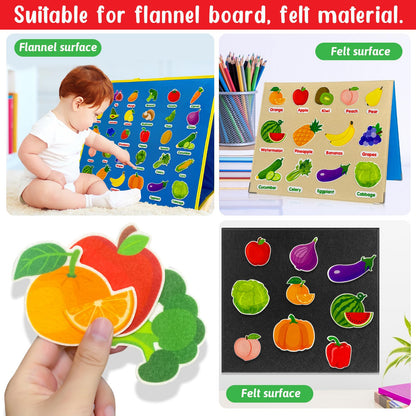 PENGFULL Felt Fruits and Vegetables Learning Pieces,62 Felt Flannel Board Pieces,Learn Common Fruits and Vegetables and Words for Kindergarten,Preschool,Toddlers