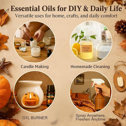 Fall Essential Oils Set 6x10ml-Pumpkin Spice,Apple Cider,Snickerdoodle,Vanilla,Cinnamon,Pine,Autumn Fragrance Oils for Diffuser,Home Scenting and Seasonal Gifts