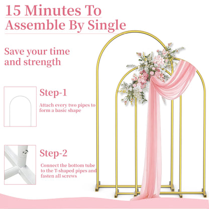 Vowparty Arch Backdrop Stand Set of 3 (7.2FT,6.6FT,6FT), Gold Metal Arch Stand for Wedding Ceremony, Birthday Party, Baby Shower, Graduation, Floral Balloon Decoration