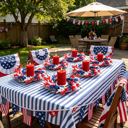 6 PCS Patriotic American Candle Rings Wreaths 4th of July Red White and Blue Floral Candle Rings Holder with Forsythia Flowers Mini Independence Day Wreath for Party Home Table Centerpiece Decor