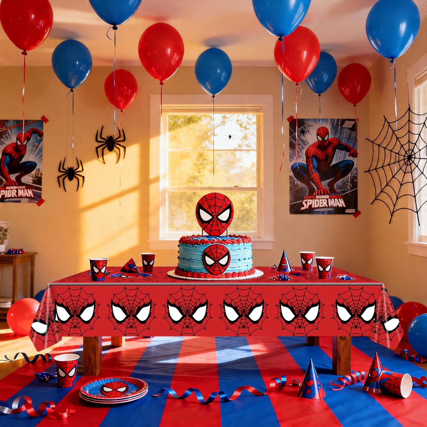 WPDISCZ 4Pcs Spider Birthday Decorations Tablecloths, 54" x 108" Spider Table Cloth Disposable Rectangle Plastic Table Cover for Birthday Party Supplies
