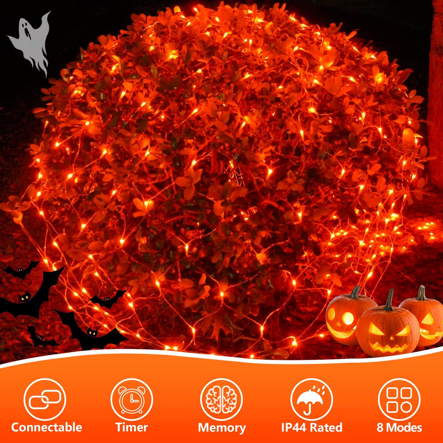 YEGUO Orange Halloween Lights, 12ft x 5ft 360 LED Net Lights Outdoor Mesh Lights, 8 Modes Clear Wire Christmas Bush Light Plug in