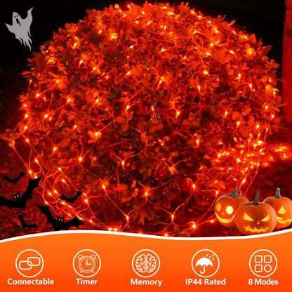 YEGUO Orange Halloween Lights, 12ft x 5ft 360 LED Net Lights Outdoor Mesh Lights, 8 Modes Clear Wire Christmas Bush Light Plug in