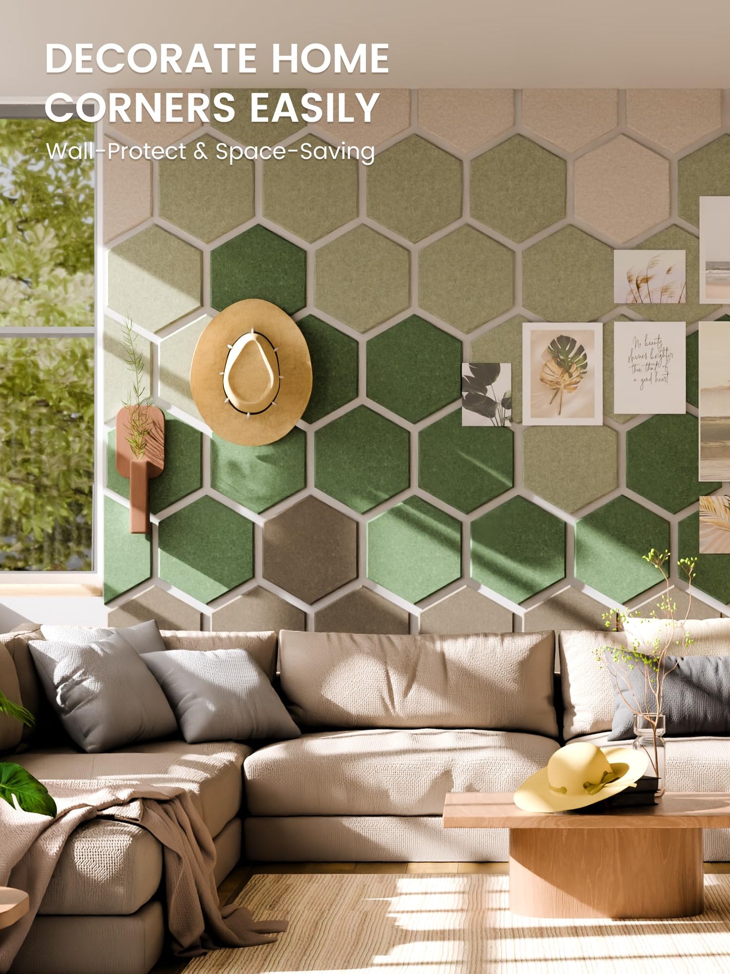 Fluxynara Hexagon Cork Board Alternative for Walls Decor-8-Pack Felt Bulletin Board Tiles,with 30 Pushpins,50 Adhesive Tabs for Office,Classrooms & Home Pin Board Felt Board-Moss Haven