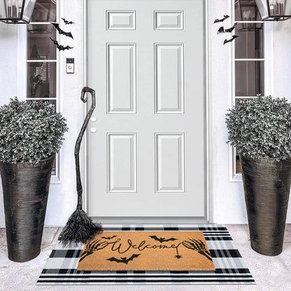 Fallovea Halloween Welcome Door Mat Combo Set, Skeletal Hand Coco Coir Doormat -28" x 43" Black and White Striped Rug, Autumn Front Porch Entryway Decor Floor Mat