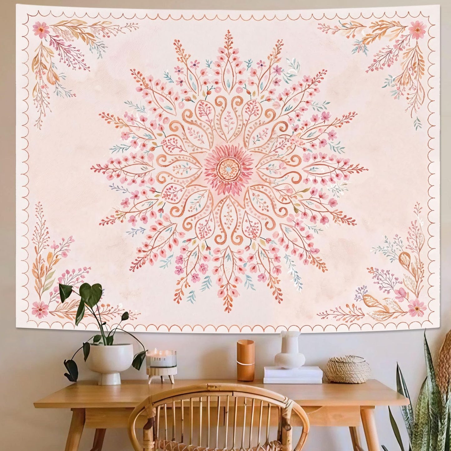 Lunerfex Floral Mandala Tapestry Boho Tapestry for Bedroom Pink Tapestries Wall Hanging Living Room Wall Art and Home Decor 70x90