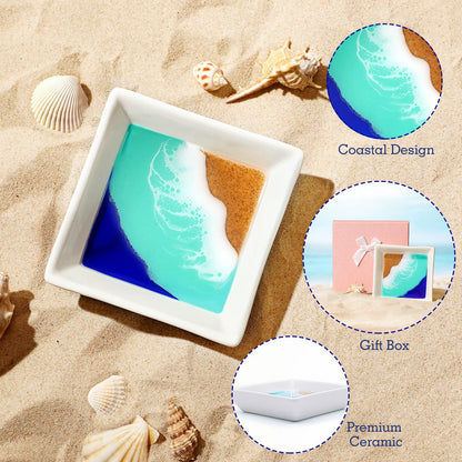 Beach Gift for Women Ocean Jewelry Tray Ring Dish Ceramic Resin Coastal Trinket Holder Necklace Ear Bracelet Storage Plate Summer Bedroom Bathroom Home Decor Housewarming Engagement Wedding Present