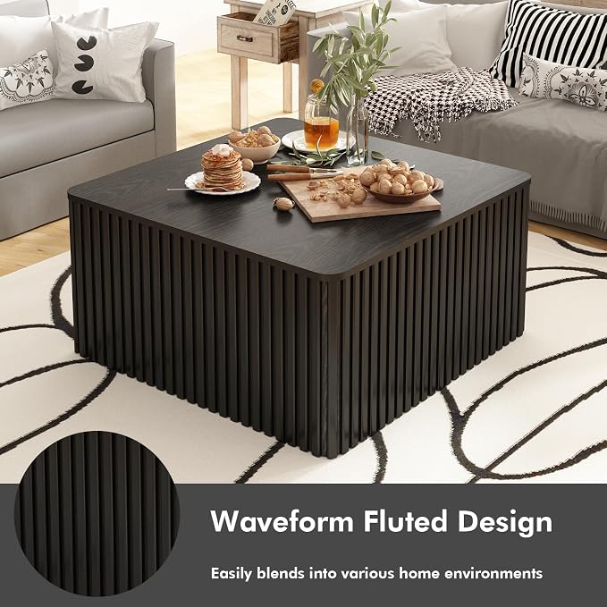 Fluted Square Coffee Table with Storage, Large Wood Center Table with Solid Wood Veneer Top, Mid Century Modern Low Coffee Table for Living Room, Black