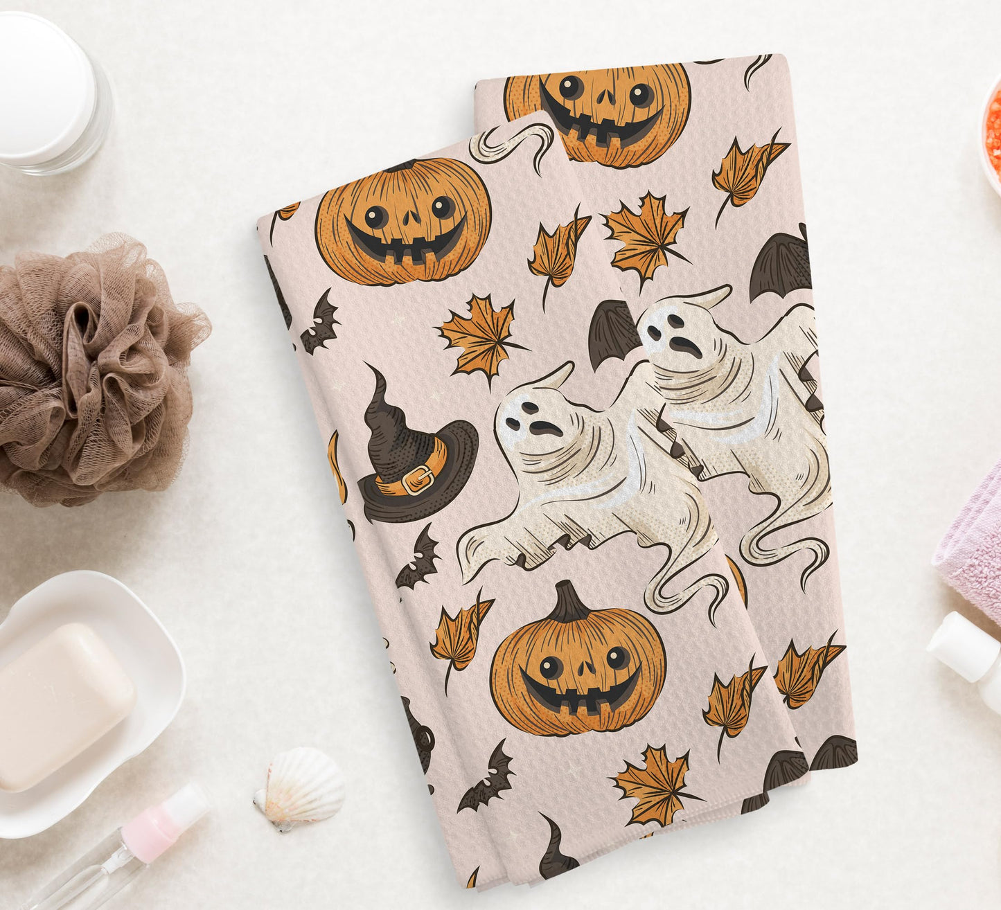 NOQL Halloween Pumpkin Kitchen Ghost Towels and Dishcloths Set of 2, Halloween Drying Cloth Hand Towels Tea Towels for Bathroom Decor, 16×24 Inch
