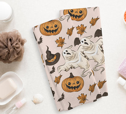 NOQL Halloween Pumpkin Kitchen Ghost Towels and Dishcloths Set of 2, Halloween Drying Cloth Hand Towels Tea Towels for Bathroom Decor, 16×24 Inch