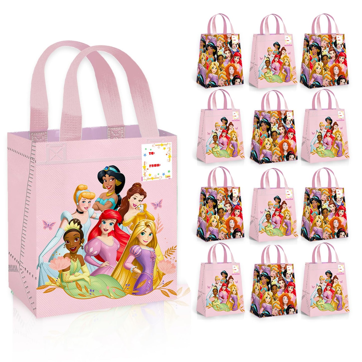 Disney Princess Party Favor Bag Set – 12 Pack of 8" Princess Party Goodie Bags for Kids Bulk Reusable Mini Totes | Disney Birthday Party Supplies