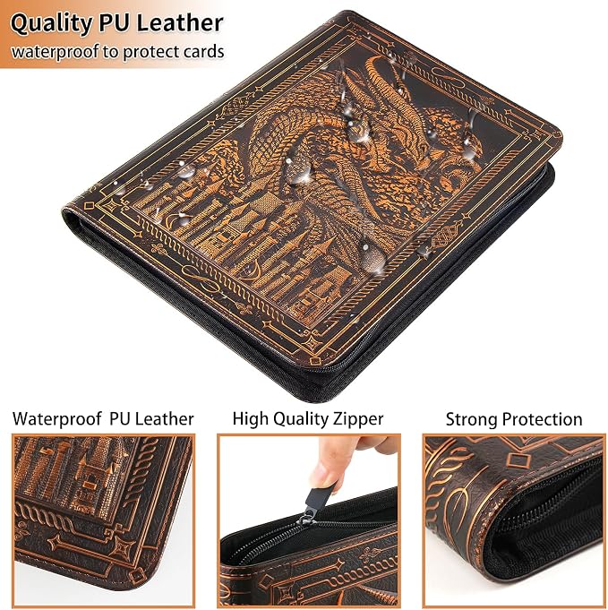 TIANREN Card Binder 9 Pocket, 3D PU Leather Album with Zipper, 360 Side Loading Pockets for TCG, MTG, Lorcana, Other Collectible Cards, Trading Card Game Protective Folder Album (Reddish Brown)