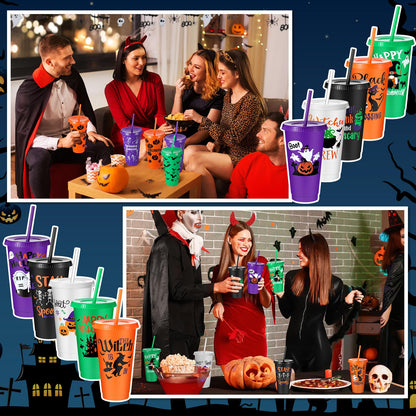 Chuangdi 30 Pack Halloween Plastic Tumbler with Lids and Straws Reusable Plastic Cups Spooky Cups Bulk for Kids Adults Halloween Party Birthday Supplies(24 oz,Pumpkin)