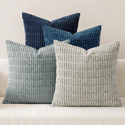 Softalker Throw Pillow Covers 18x18 Inch, Set of 4, Corduroy Soft Striped Farmhouse Boho Pillow Cover, Modern Decorative Cushion Pillow Case for Couch Sofa Bedroom Living Room, Grey/Blue