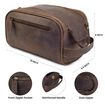mds Genuine Leather Toiletry Bag for Men - Rustic Classic Vintage Handcrafted Full-Grain Leather Travel Dopp Kit with Waterproof Lining & Handle, Shaving & Grooming Kit Organizer Pouch - Rustic Brown