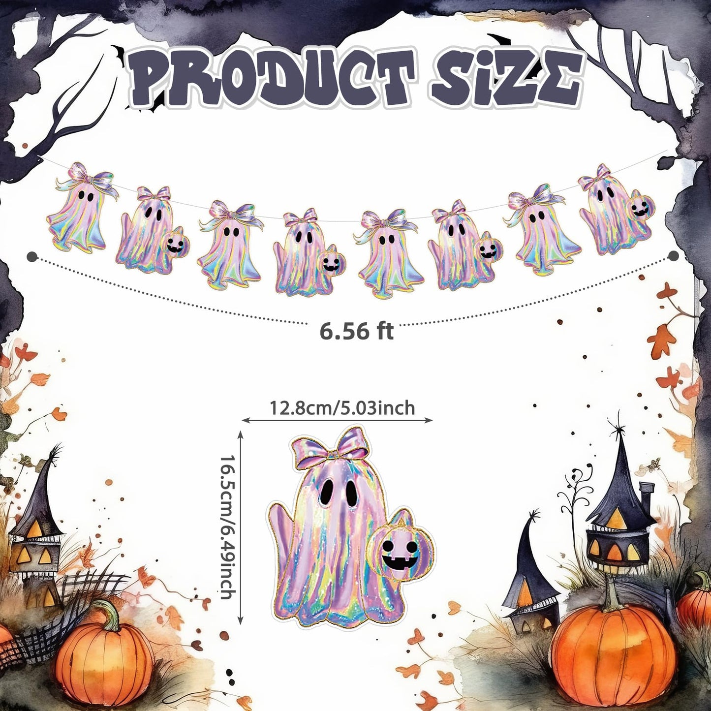 Oudain 2 Pack Halloween Ghost Garland 6.56 ft Iridescent Ghost Decor Laser Cute Boo Holographic Paper Bow Hanging Banner for Halloween Party Decor Birthday Party Home Indoor Outdoor Mantel