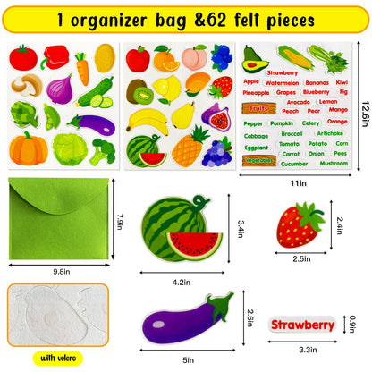 PENGFULL Felt Fruits and Vegetables Learning Pieces,62 Felt Flannel Board Pieces,Learn Common Fruits and Vegetables and Words for Kindergarten,Preschool,Toddlers