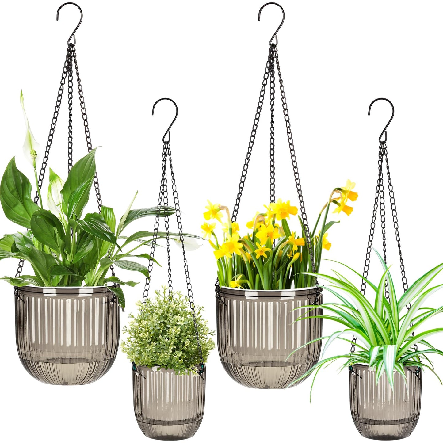 Maxcheck 4 Pcs Self Watering Hanging Planters Indoor Gift 6.5'' 4.5'' Hanging Flower Pots Baskets Outdoor Self Watering Plant with 3hooks Drainage Holes for Home(Gray)