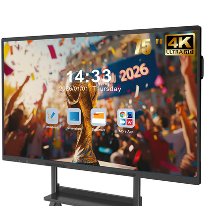 JASZDOT 75'' Smart Board, 4K UHD Interactive Touchscreen Whiteboard, Android 14 8+128GB Wireless Smartboard for Classroom Home Office Studio