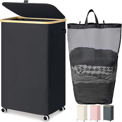 Goodpick Laundry Basket with Wheels, 100L Rolling Laundry Hamper with Lid Clothes Hampers with Removable Wash Bag Large Clothes Basket for Bedroom, Bathroom, Black