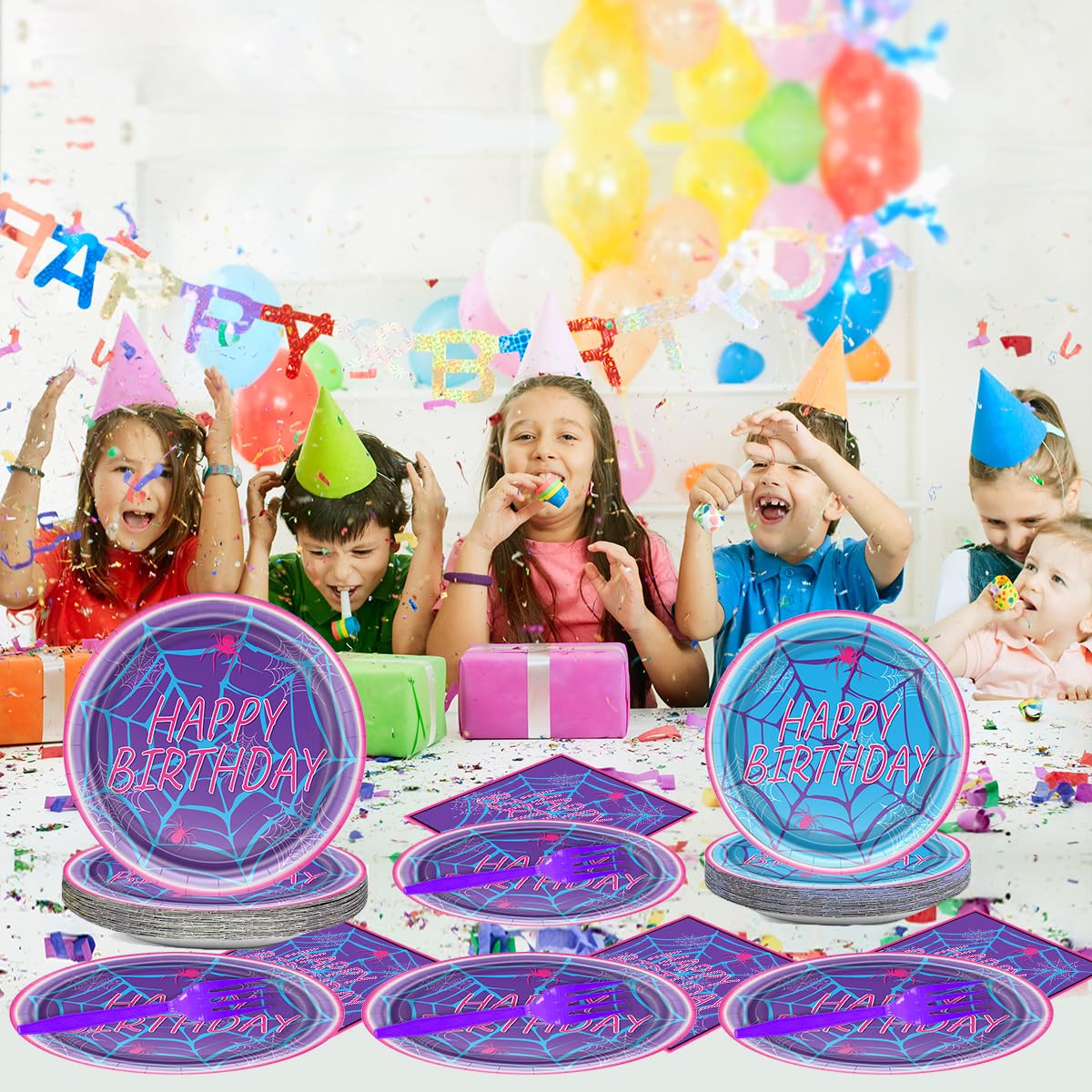 OULUN Spiderweb Party Plates and Napkins Spider Birthday Decorations Ghost Disposable Porks Purple Spiderweb Party Tableware Set Serves 20