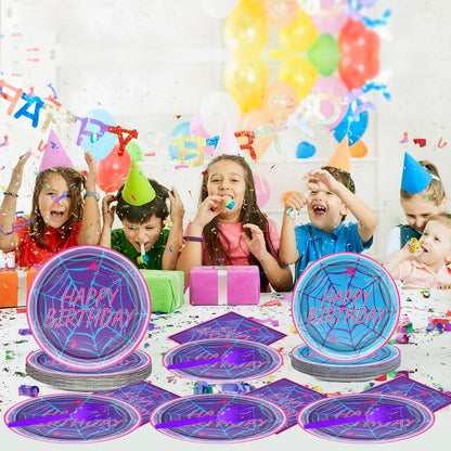 OULUN Spiderweb Party Plates and Napkins Spider Birthday Decorations Ghost Disposable Porks Purple Spiderweb Party Tableware Set Serves 20