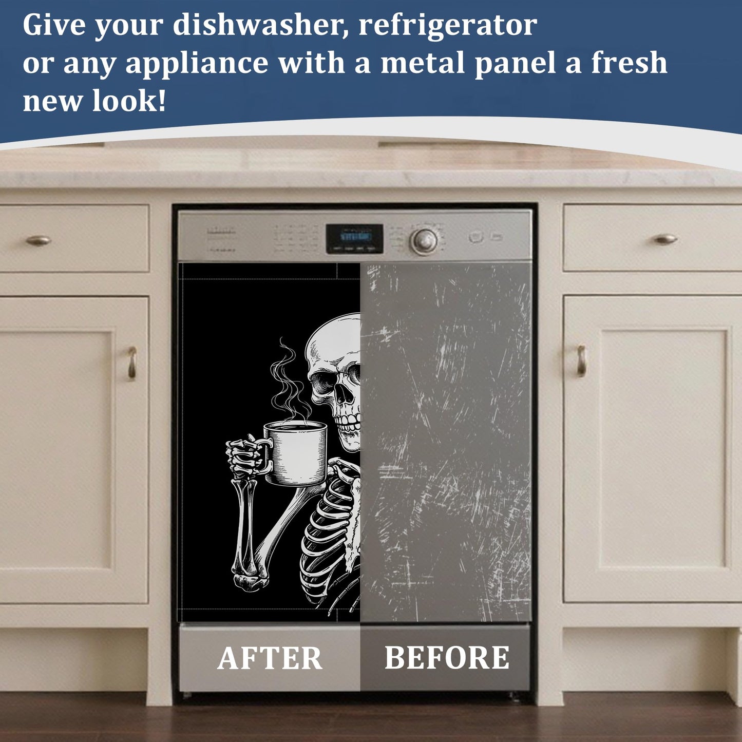 Black Dishwasher Magnet Cover Funny Skeleton Coffee Dishwasher Magnets Decorative Cover for Kitchen, Refrigerator Magnet Decal Panels 23” x 26”