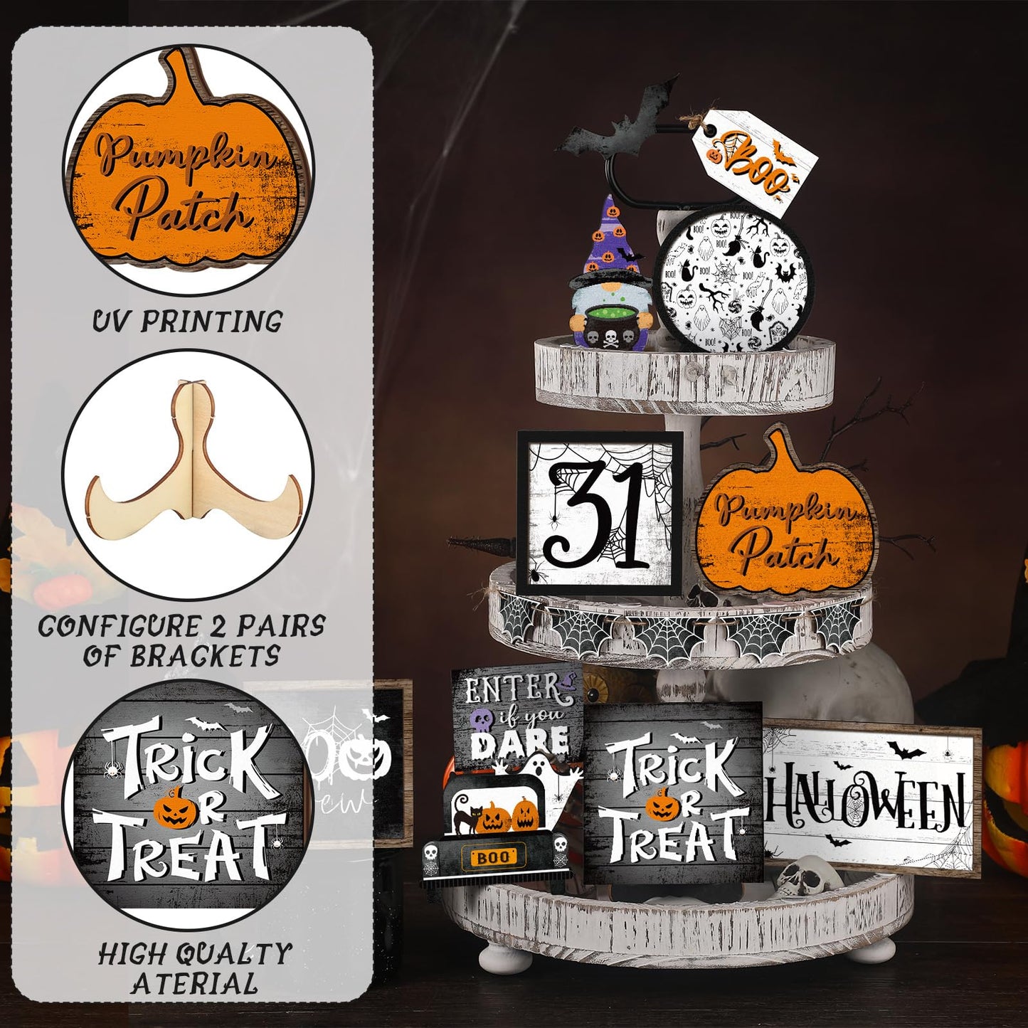 FairySandy 14 Pcs Halloween Tiered Tray Decorations Set Ghost Halloween Wooden Signs Rustic Farmhouse Pumpkin Boo Trick or Treat Blocks Table Sign Decorations for Home Party Favors