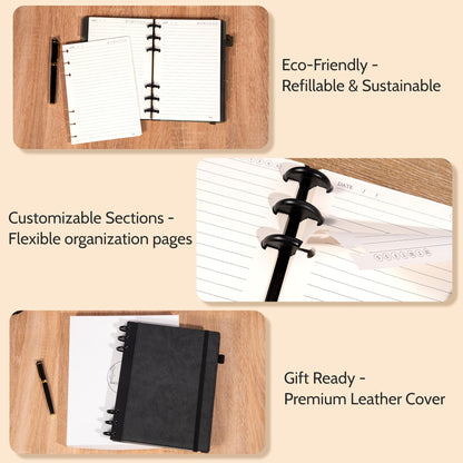 Yoment Refillable Notebooks for Work 5 Subject with Removable Dividers Tabs 240 Pages Hardcover Leather Journals for Writing Large Discbound Planner Colleged Ruled Paper for Men 8.58 x 11,Black