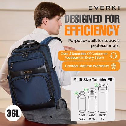 EVERKI Onyx 36L Business Laptop Backpack – Professional Travel Backpack for Men & Women, Laptop Bag with Premium Leather Ballistic & Nylon, Office & Flight Approved, Fits Laptops up to 17.3” - Navy