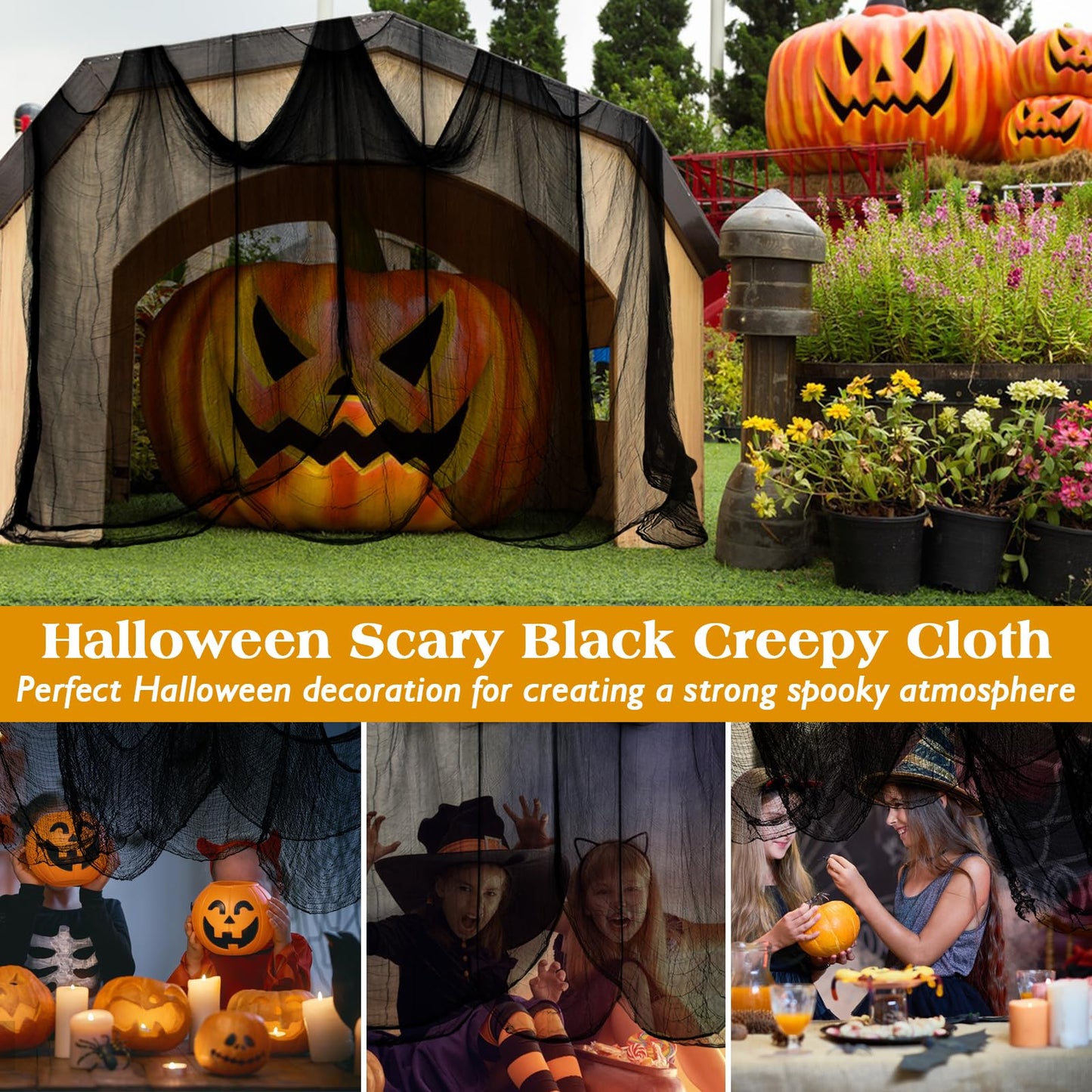Halatool 85 X 400 in Halloween Creepy Cloth, Black Spooky Cheesecloth Scary Hanging Gauze Decor for Halloween Party Supplies Haunted Houses Windows Doorways Indoors & Outdoors