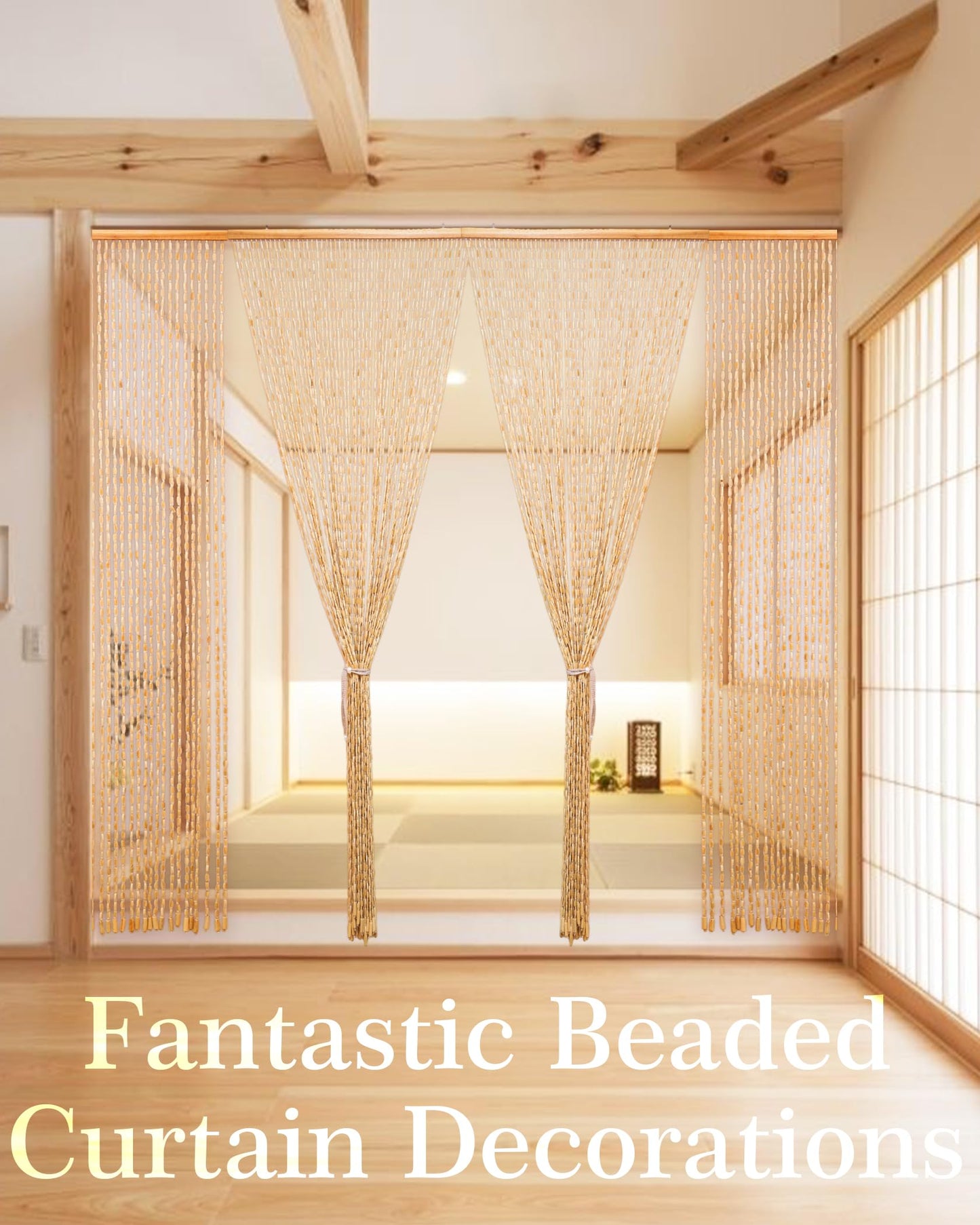 Ezcasch 52 Strands 35.4" x 79" Bamboo and Wood Beaded Curtain for Doorway Handmade Natural Doorway Beads Bohemian Bamboo and Wooden Room Devider Hanging Boho Beaded Curtain,Beige