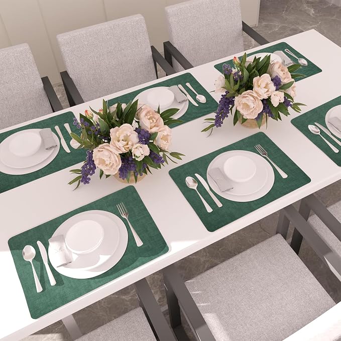 Maxpearl Faux Leather Placemats Set of 4 - Waterproof - Wipe Clean - Heat Resistant - Anti Slip Dining Table Place Mats, Suitable for Indoor & Outdoor Use, 17’’×12’’, Dark Green