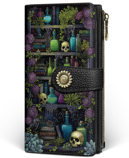 GIANCOMICS Goth Book Shelf Womens Wallet RFID Blocking, Gothic Skull Witchy Credit Card Holder Bifold, PU Leather Travel Billfold, Long Cute Cash Purse, Zipper Coin Pocket Clutch, Ladies Gift Woman
