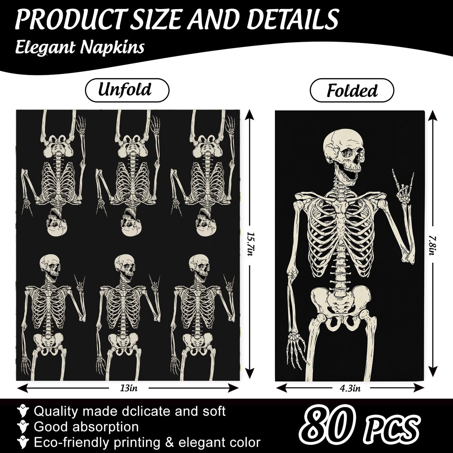 80Pcs Halloween Guest Napkin Black Skeleton Disposable Paper Napkins Dinner Hand Napkins for Home Party Supplies Table Decor