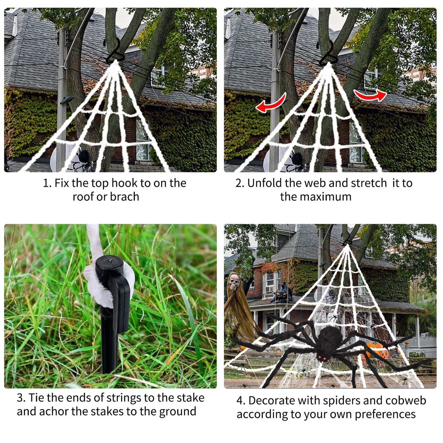 AYSOW 275" Halloween Triangle Spider Web and 59" Giant Spider Decorations Set with Stretch Cobweb - Halloween Party Supplies for Indoor Home Yard Patio Garden Haunted House Decor
