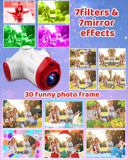 Kids Camera with Projector Spaceship 48MP HD Digital Camera for Kids 1080P Video Recorder Toy with 32GB SD Card & Tripod Outer Space Birthday for Boys Girls Age 3-12 (Red)