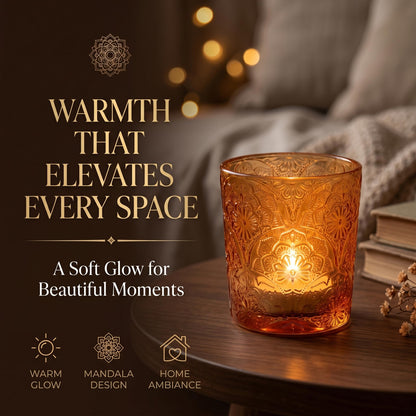 6 Pack Mandala Embossed Glass Candle Holders – Votive Tealight Holders with Patent Design, Decorative Embossed Glass Cups for Wedding Centerpieces, Parties, and Home Décor (Pumpkin Spice)