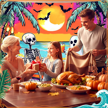 Gilprop Summer Halloween Decor 7x5ft Backdrop Banner for Halloween in Summer Party Decorations Supplies Photography Background Props Ghost Skeleton Pumpkin Beach Decorations