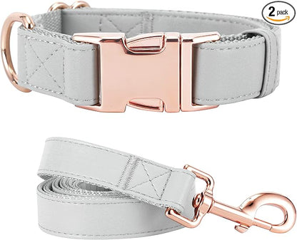 Dog Collar and Leash Set.Soft and Easy to Clean Vegan Leather with Rose Gold Metal Buckle for Small Medium Large Dogs (Grey, XS(8"-12"))