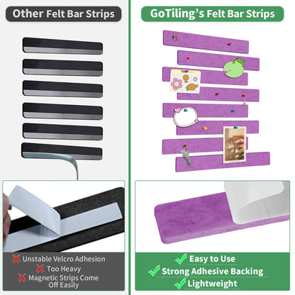 GoTiling Cork Board for Walls - 8 Pack Felt Pin Board Bar Strips - Self-Adhesive Lightweight Bulletin Board - Cork Board for Office with 40 Push Pins No Damage for Wall (Rose)