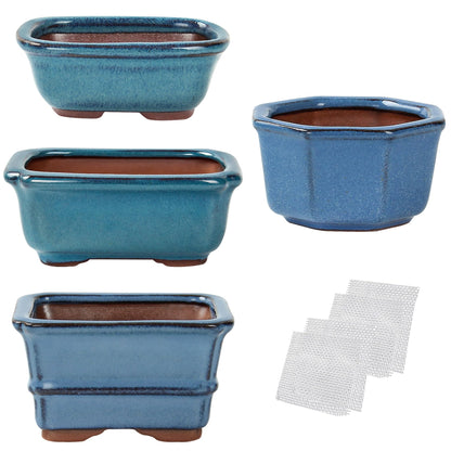 Bonsai Planter Succulent Mini Glazed Pots Value Set of 4, with 4 Soft Mesh Drainage Screens