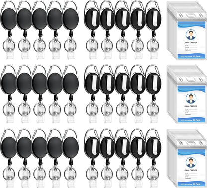 30 Pack Heavy Duty Retractable Badge Reel with Waterproof Vertical Name Badge ID Card Holders and Key Ring for Card Keychain Badge Holder