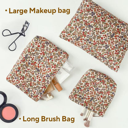 3Pcs Floral Makeup Bags, Cosmetic Bags for Women, Large Capacity Corduroy Makeup bag Set and Portable Mini Makeup Bag,Aesthetic Women Handbags Purses, Travel Essentials Aesthetic Stuff (Floral 01)