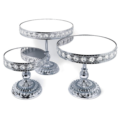 allgala Wedding Cake Stands 3-Piece Set Crystal Gold Plated Cheese Dessert Cupcake Cake Stand with Mirror Plate-Silver Round with Bases-HD89209