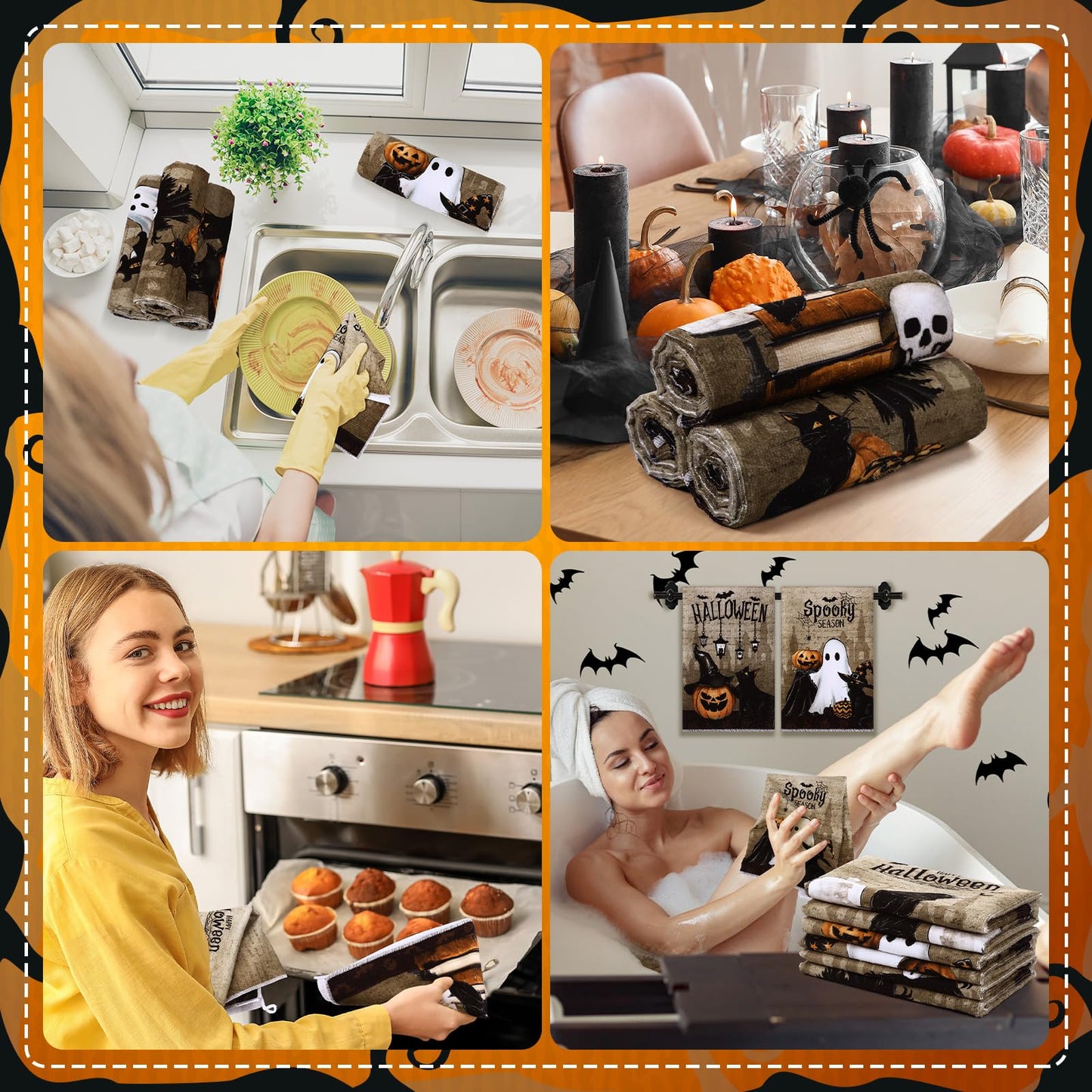 Ganeen 6 Pcs Halloween Kitchen Towels Dwarfs Cobwebs Witches Castles Dish Towels Fiber Fingertip Hand Towel Decorative Tea washtowels 14.2 x 21.3 Inch for Decorative Bathroom Holiday (Goth)